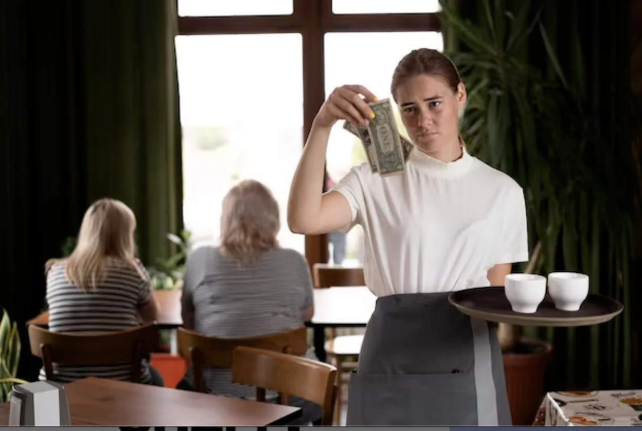 Young woman working in a cafe, holding a tray and cash while serving customers
