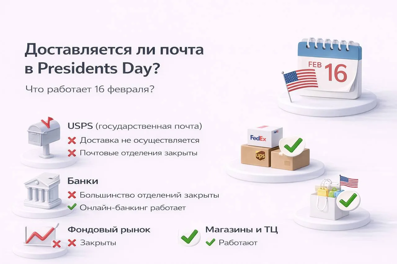 Notice board photo with mixed English and Russian text about mail and bank services on Presidents Day