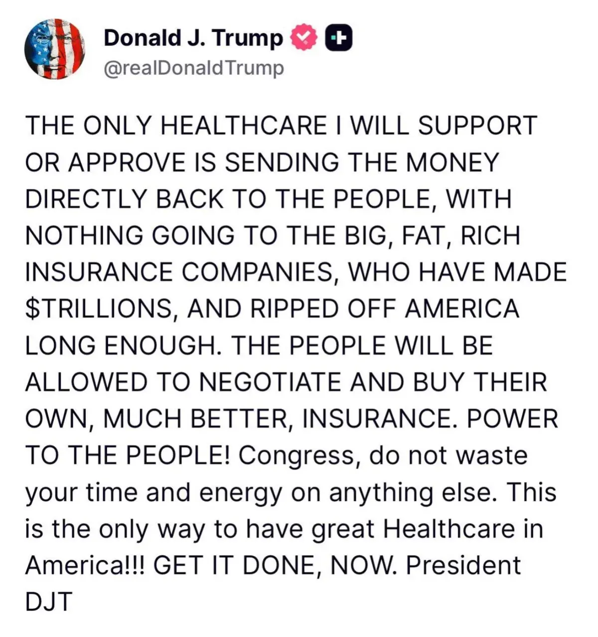 Portrait photo showing a Donald Trump tweet about healthcare policy and insurance companies