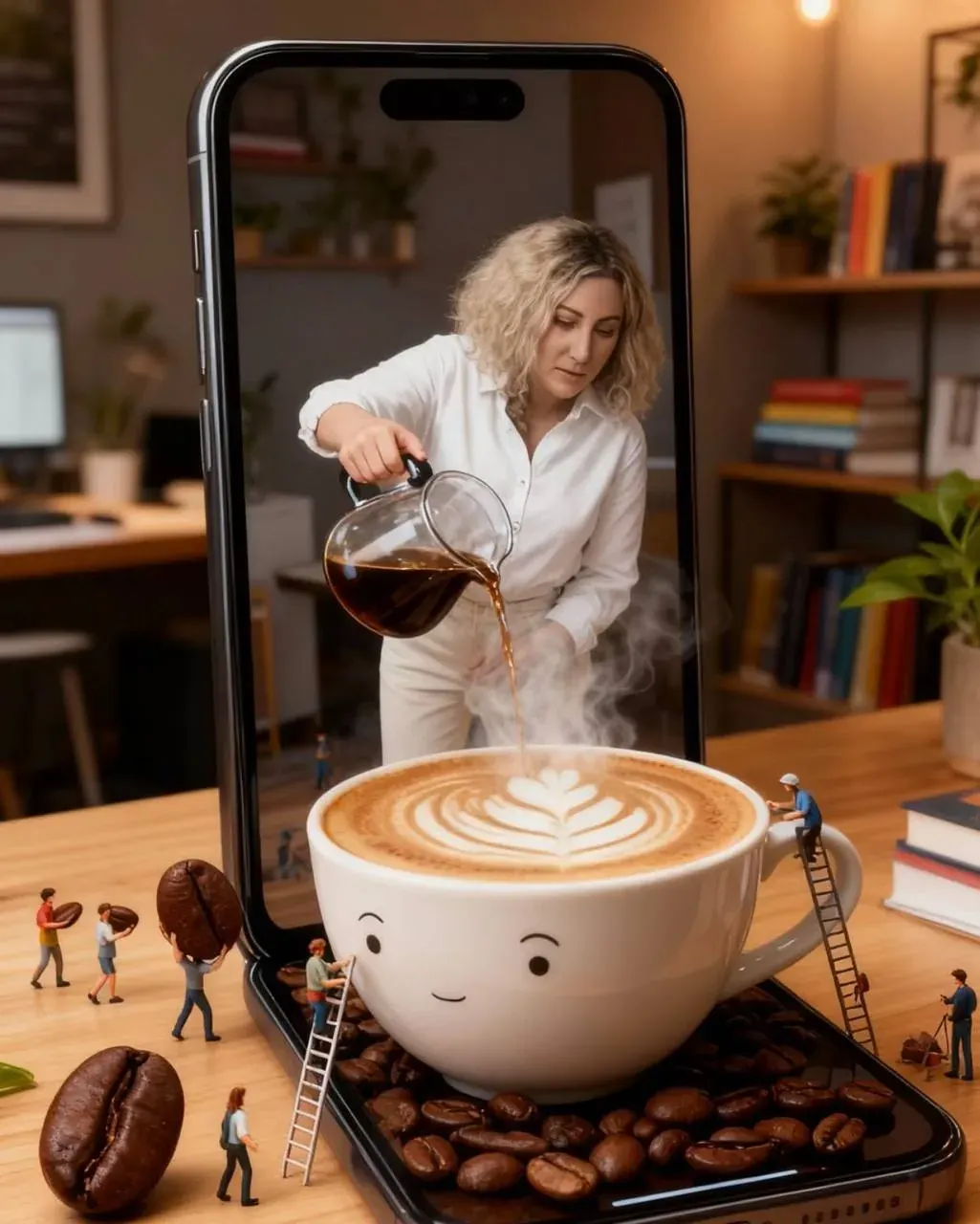 Whimsical coffee-themed illustration with a woman pouring latte art and tiny figures around a giant cup, used decoratively for a U.S. tax residency guide
