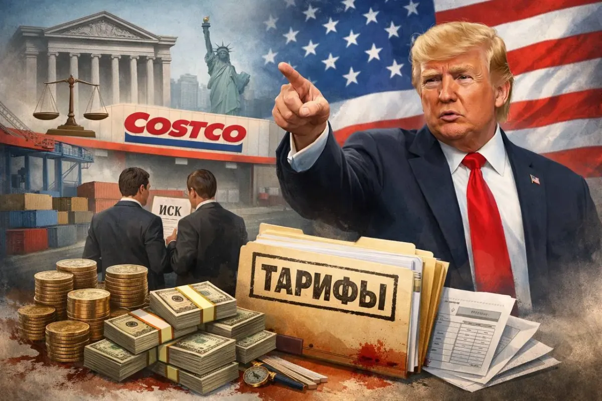 Composite with U.S. flag, Statue of Liberty, justice scales, Costco sign, and Russian tariff folder suggesting cross‑border U.S. tax context
