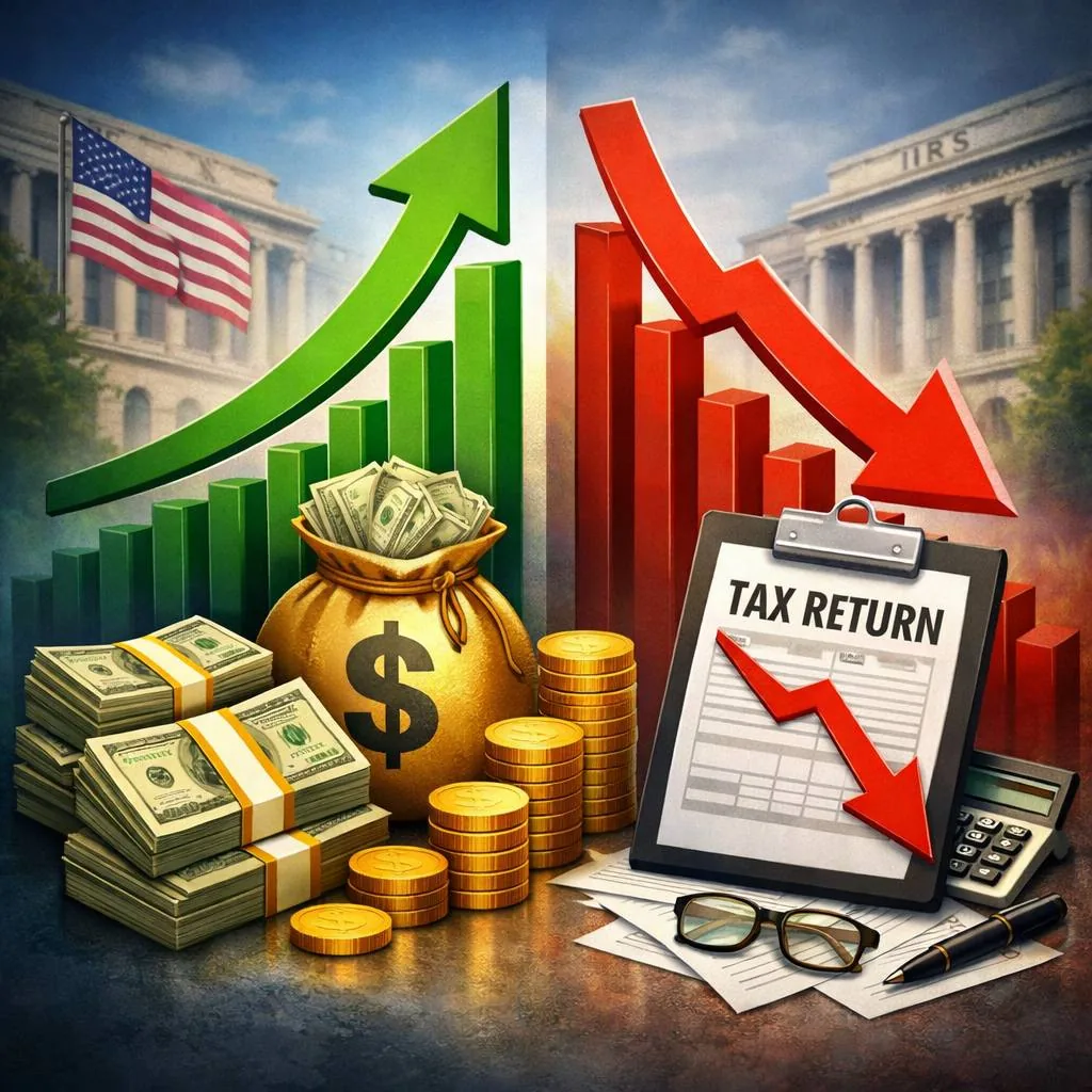 Finance-themed graphic with tax return clipboard, cash, coins, and arrows showing changing tax outcomes