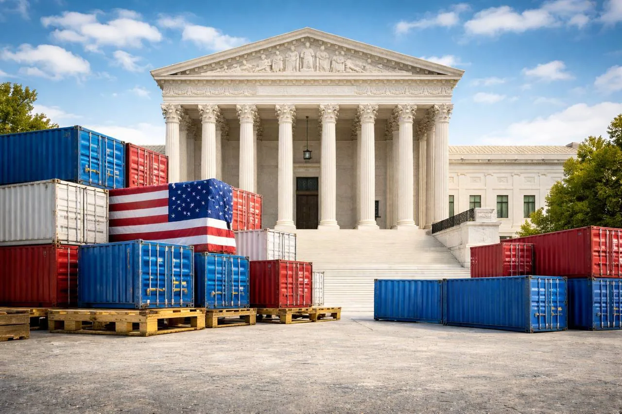 Courthouse-style building with stacked shipping containers and an American flag, suggesting legal and tax obligations for Americans abroad