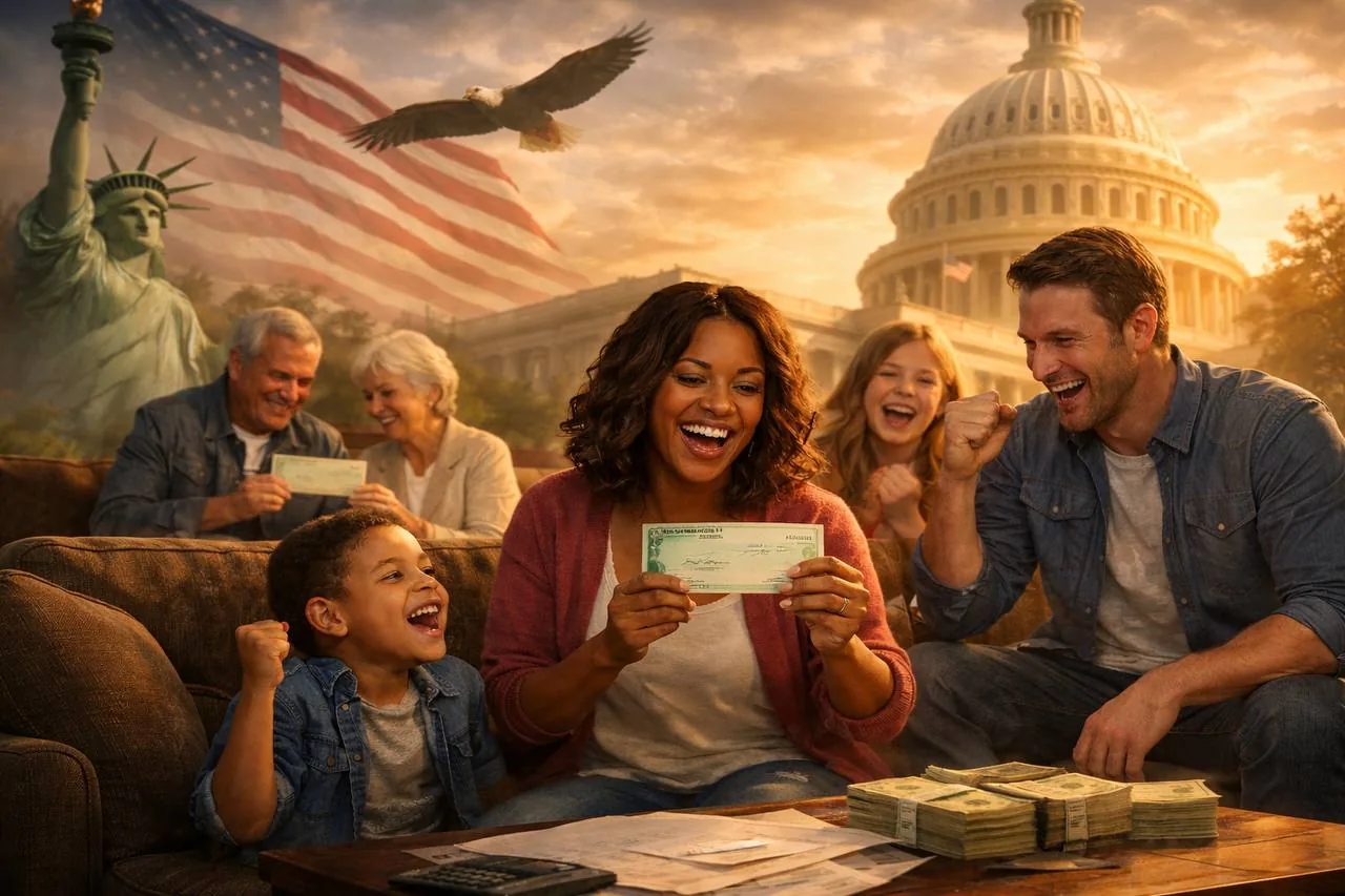 Family on a couch celebrating with cash in front of the US Capitol, suggesting positive outcomes of managing US taxes while living abroad