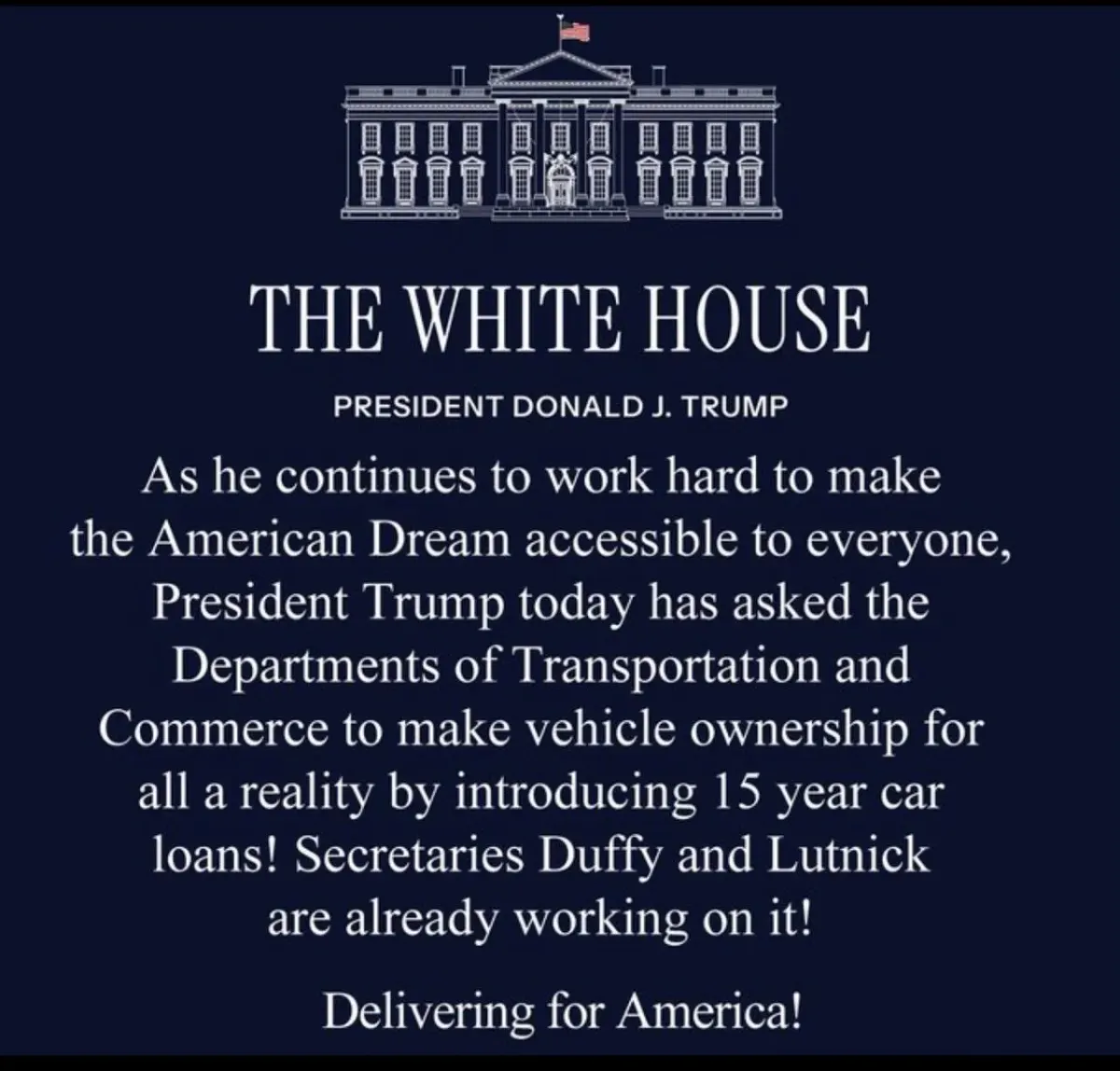 Document-style photo with printed text about a U.S. presidential announcement on vehicle loans