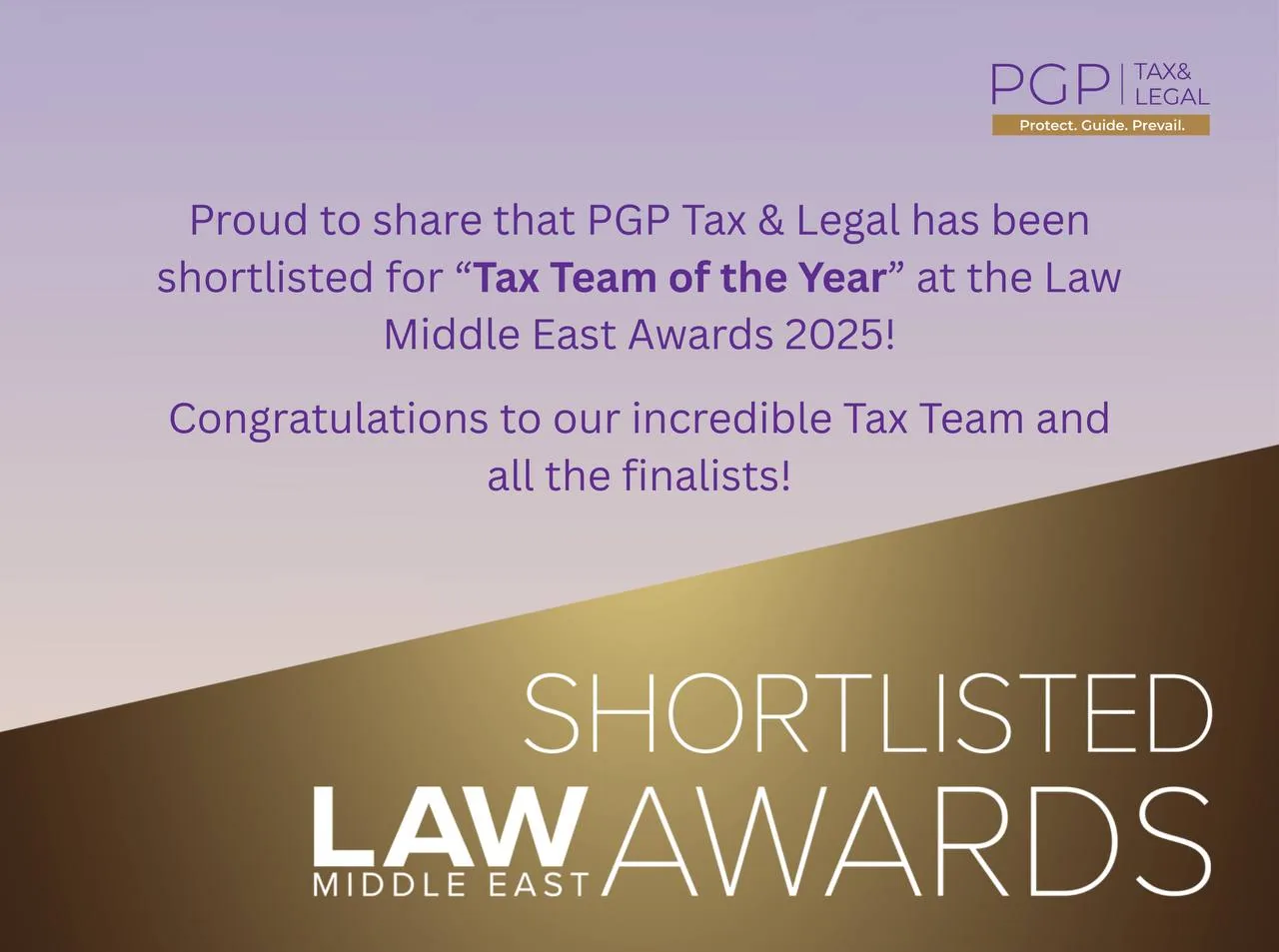 PGP Tax & Legal team recognition graphic mentioning Law Middle East Awards 2025
