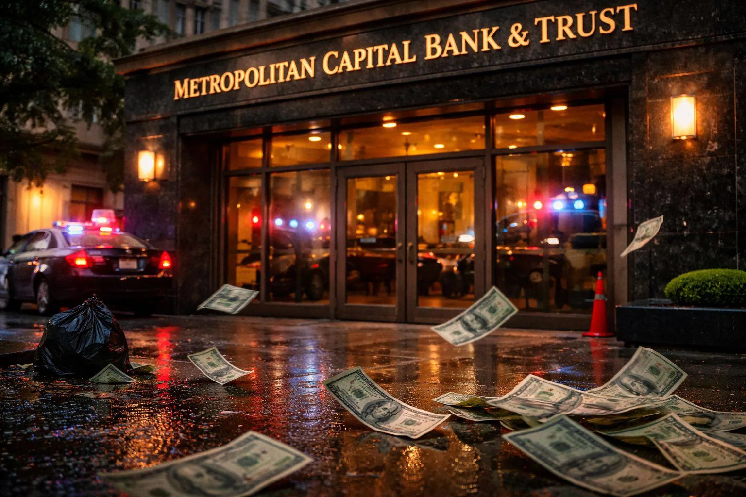 Police lights and cash outside a bank, suggesting legal and reporting risks for cross‑border accounts under FBAR and FATCA rules
