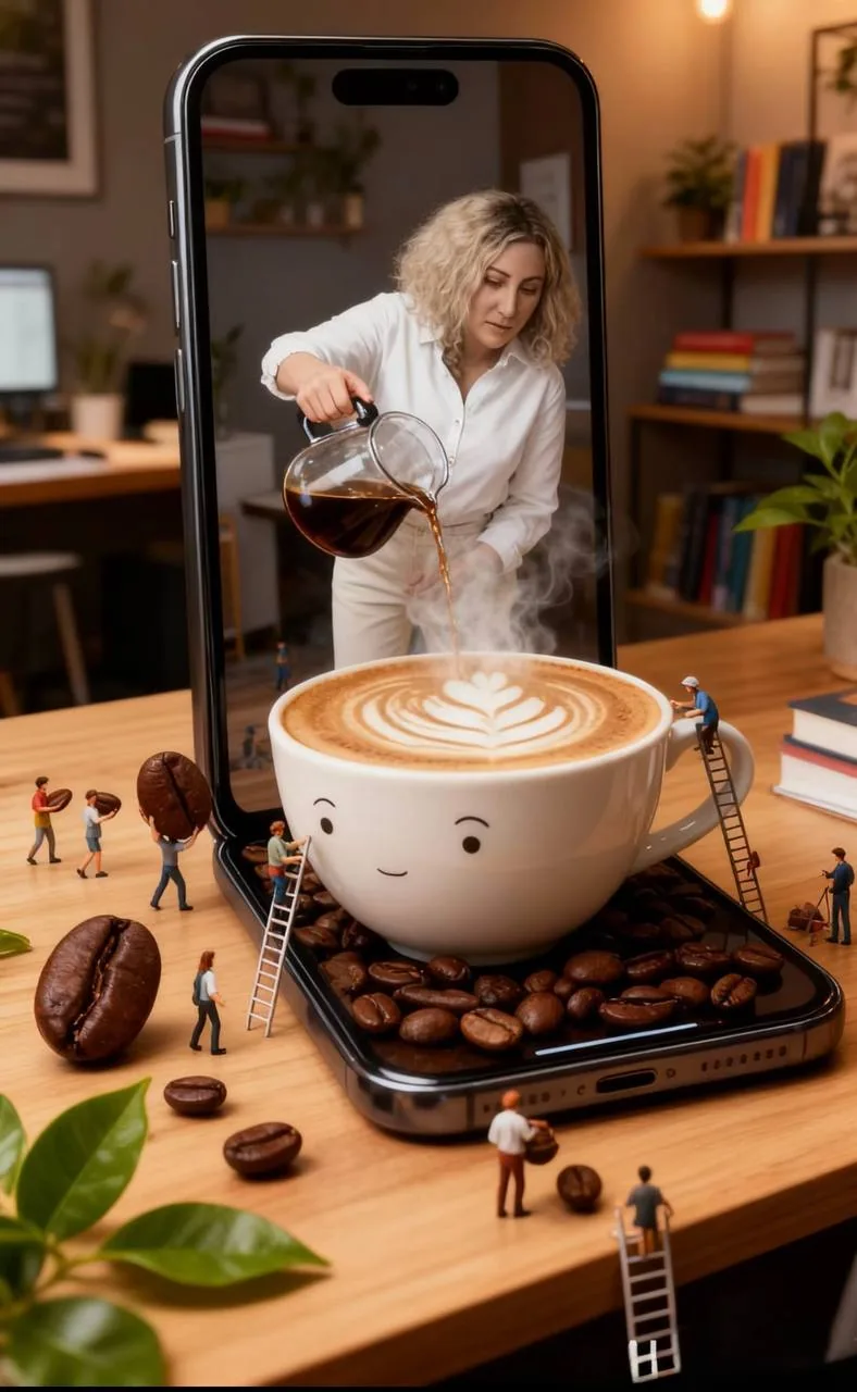 A woman pours coffee from a glass pot into a latte shown on a large phone screen, with miniature people and coffee beans around the cup
