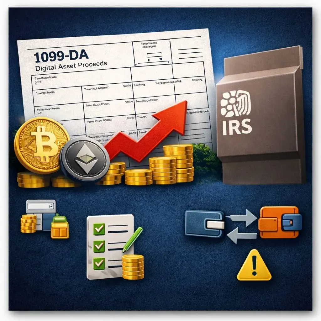 1099-DA digital asset proceeds form with cryptocurrency coins and IRS box, used as generic tax document artwork