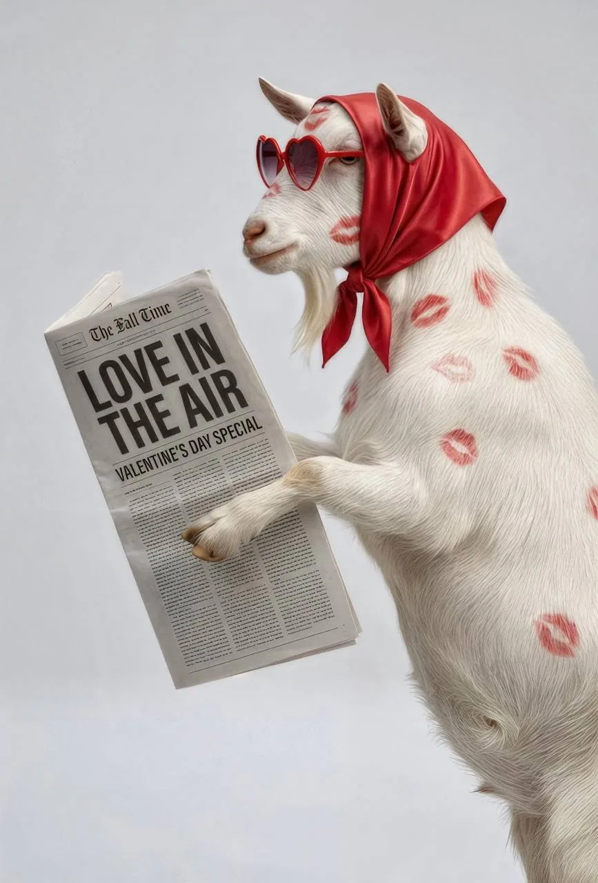 Goat in heart-shaped sunglasses and red scarf reading a LOVE IN THE AIR newspaper