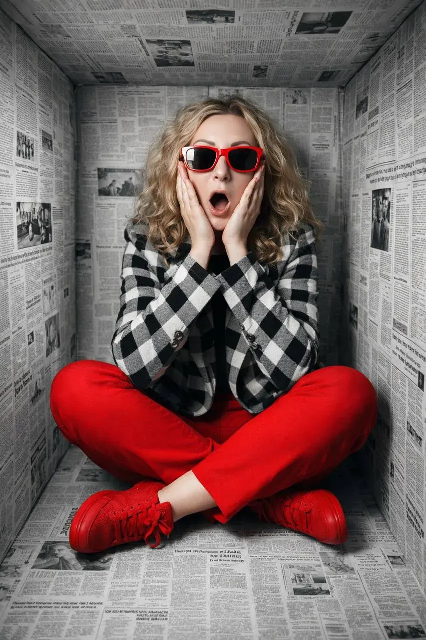 Person sitting cross-legged in a small room with newspaper-covered walls, wearing red sunglasses and a checkered jacket