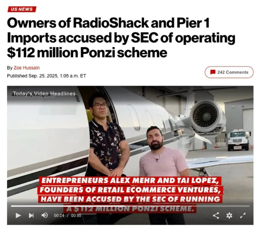 news article screenshot about SEC accusations against RadioShack and Pier 1 Imports owners over alleged Ponzi scheme