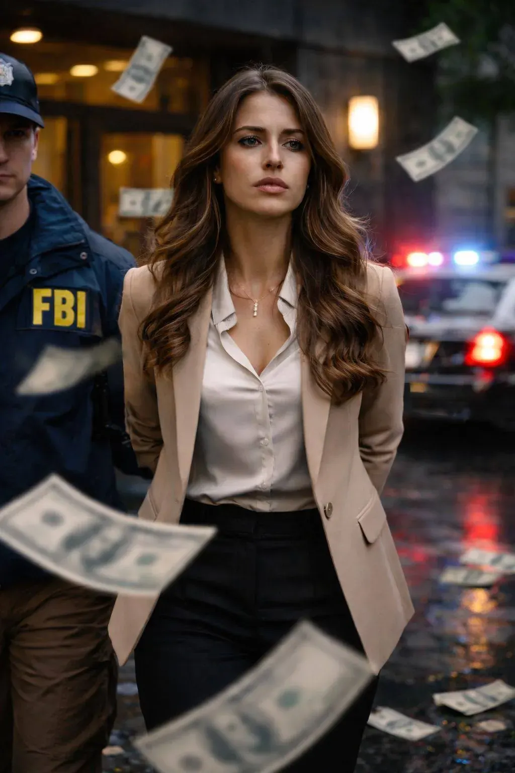 Woman in blazer standing near FBI agent with money flying in the air and police lights in the background