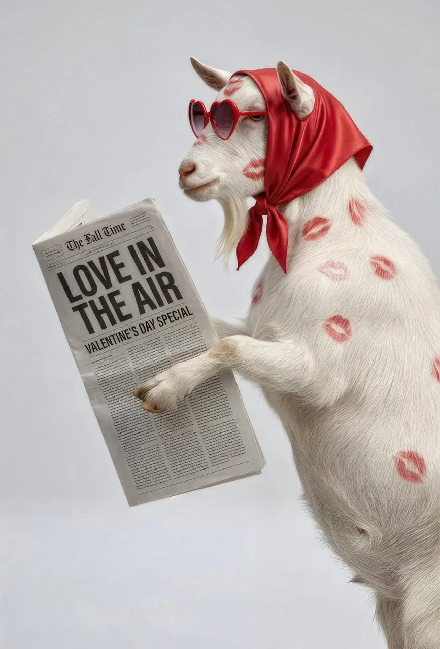 Goat in heart-shaped sunglasses and red scarf reading a LOVE IN THE AIR newspaper with lipstick marks on its fur