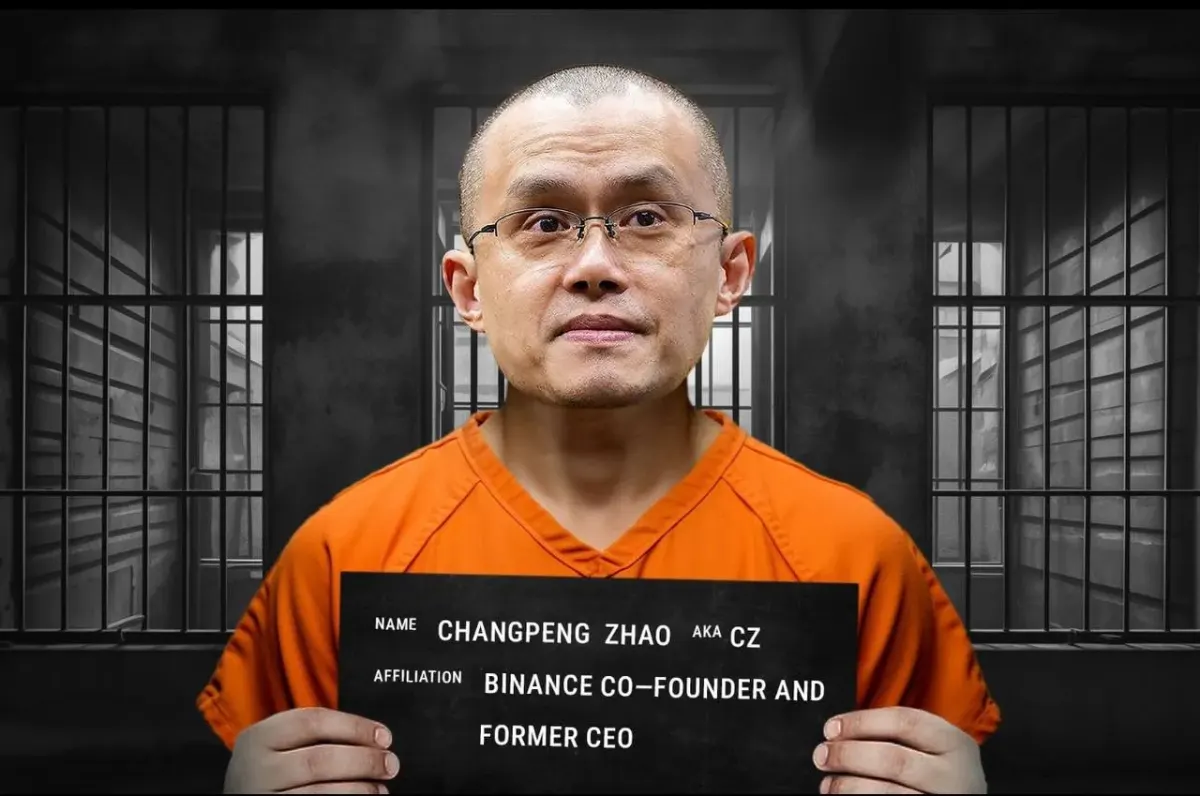 Portrait-style photo with partially readable text about Changpeng Zhao, Binance co‑founder and former CEO