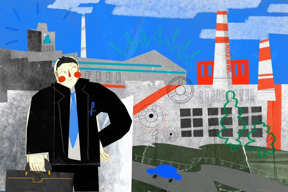 Cartoon businessperson with briefcase standing before factory and gears, used as a generic visual for work and tax topics