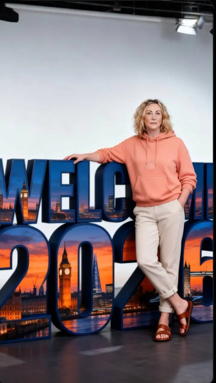 Woman standing indoors beside large decorative cityscape letters