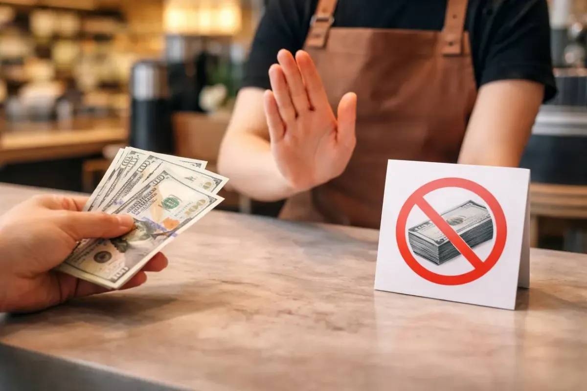 Person at a counter holding cash next to a no-cash payment sign, suggesting choices about how to handle money across different situations