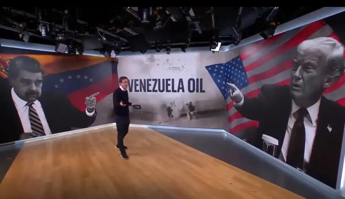 Studio set with a Venezuela Oil banner and American flags in the background Studio set with a Venezuela Oil banner and American flags in the background