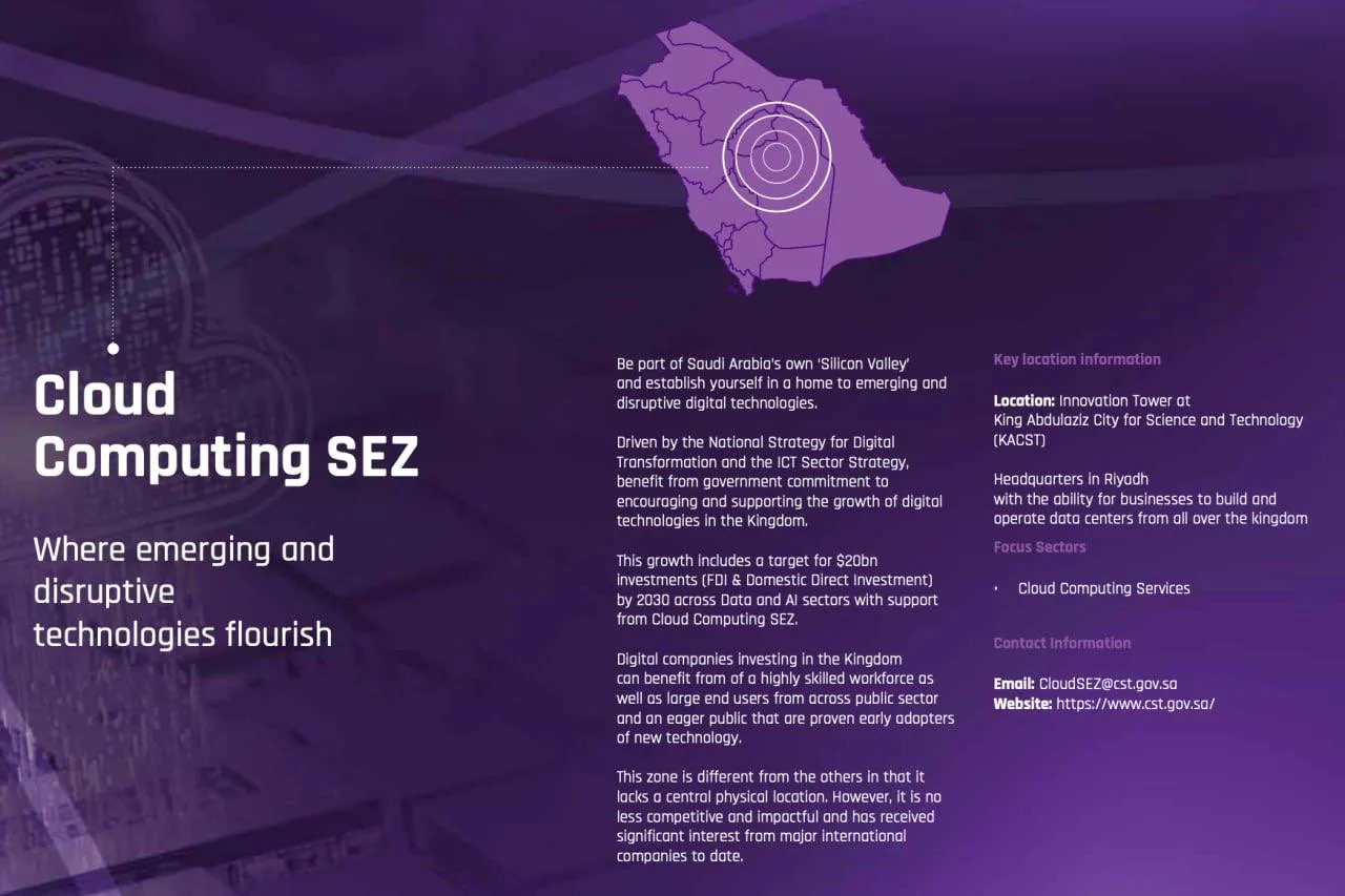 Saudi Arabia innovation tower promotional poster about digital technologies and cloud computing zone