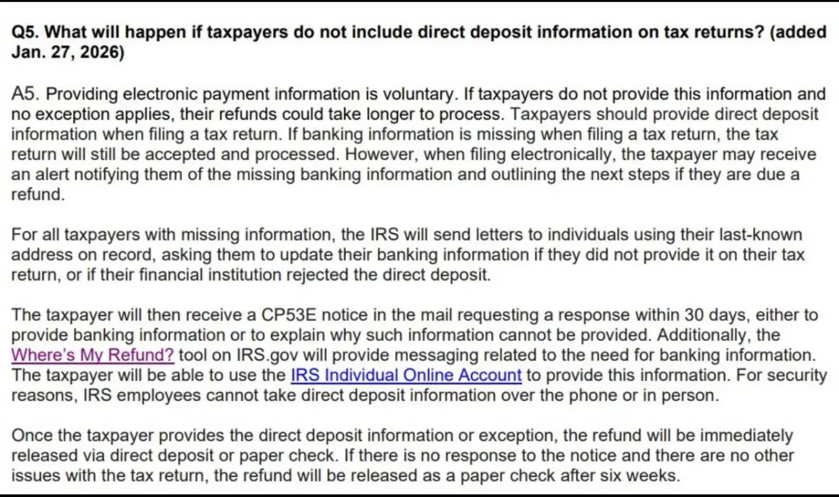 IRS tax refund FAQ document discussing missing direct deposit information and longer processing times