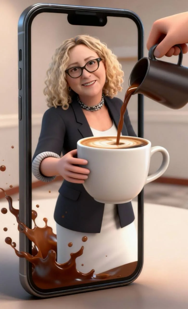 Person on a phone screen pouring coffee into a cup, suggesting remote life while managing cross-border tax residency issues