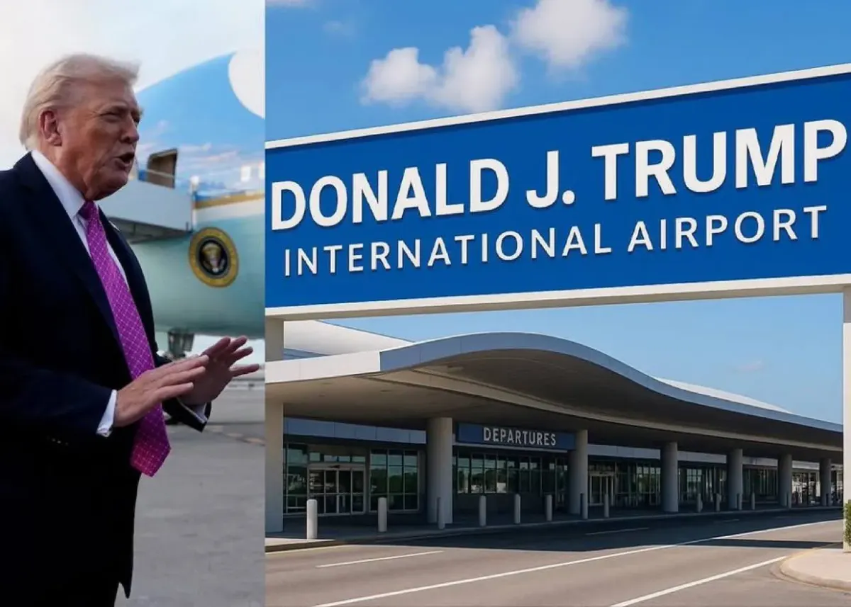 Donald J. Trump beside a Donald J. Trump International Airport sign in an airport terminal setting