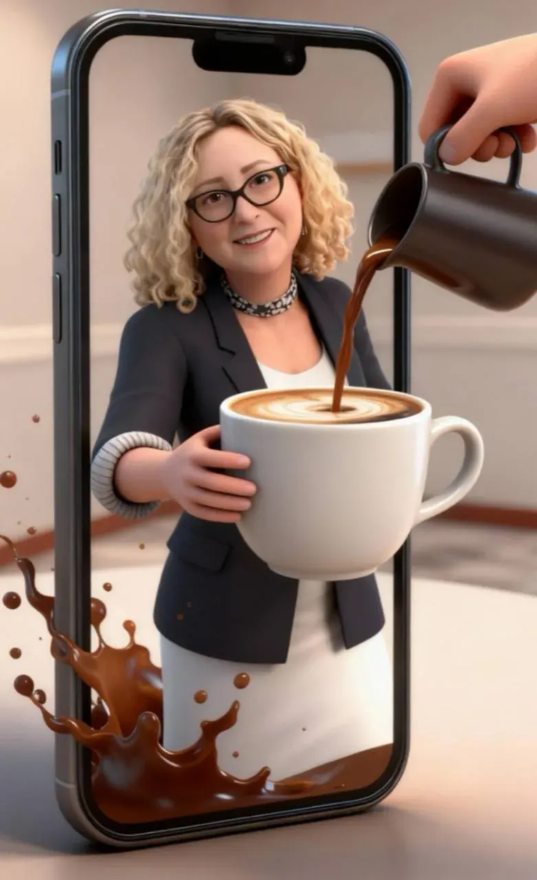 Person on a phone screen pouring coffee into a cup, suggesting everyday life during an international relocation