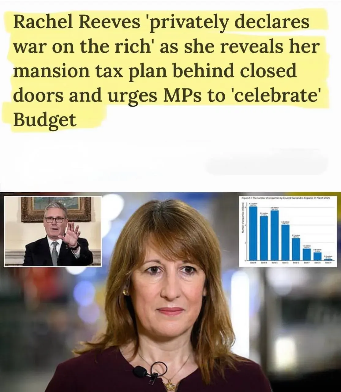 Portrait photo with headline about Rachel Reeves proposing a mansion tax and declaring war on the rich