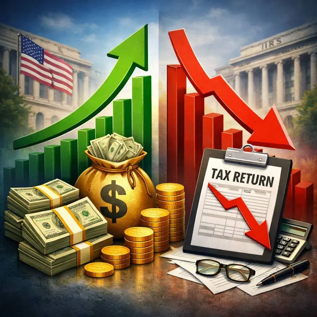 Finance-themed graphic with tax return clipboard, arrows, and cash representing cross-border tax and double taxation concepts