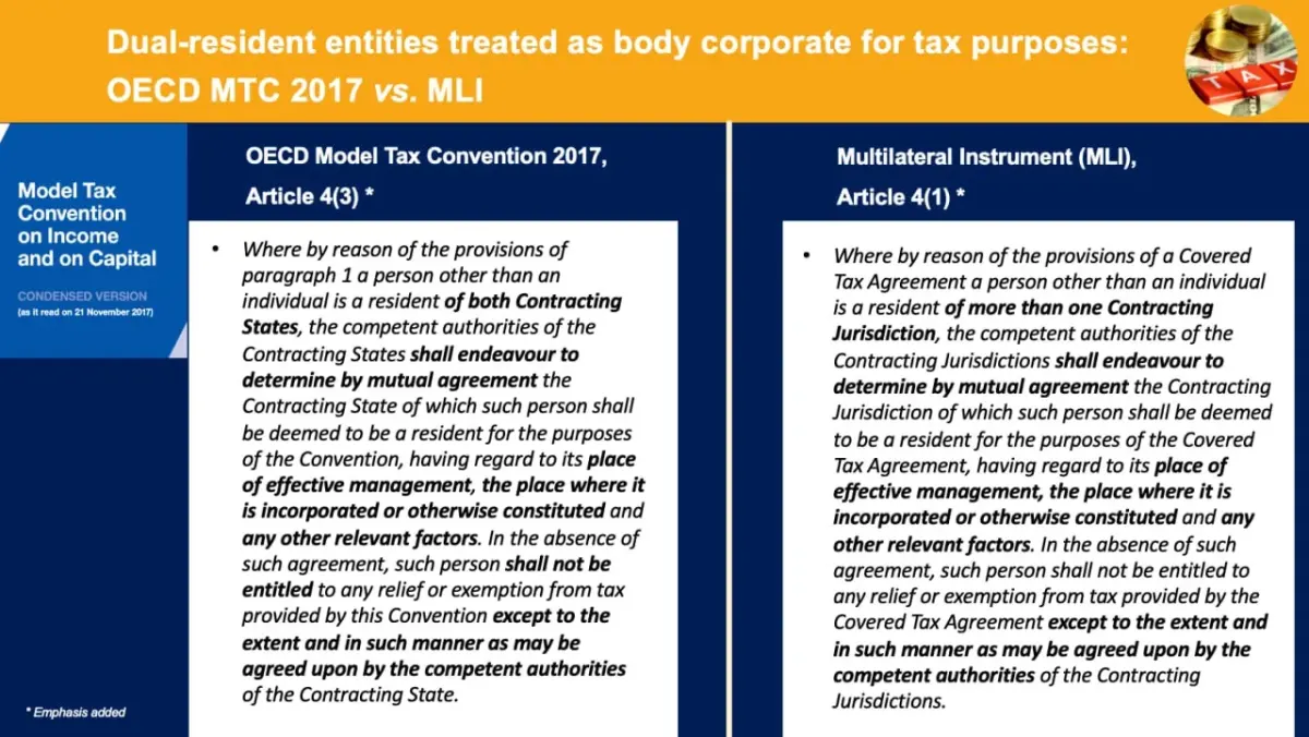Excerpt from the OECD Model Tax Convention and MLI on tie-breaker rules for dual tax residence
