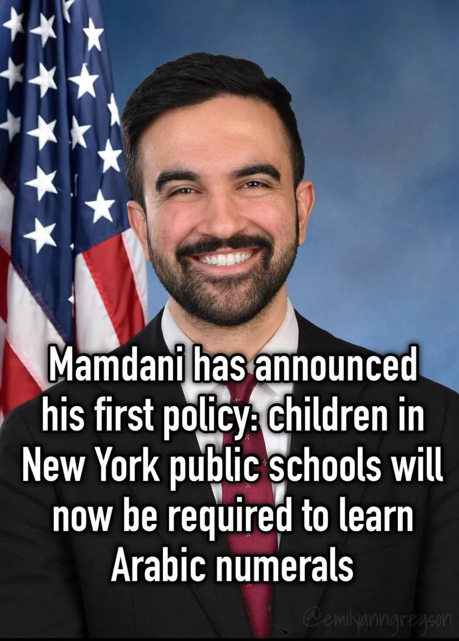 Portrait photo with partially readable text about children in New York public schools learning Arabic numerals
