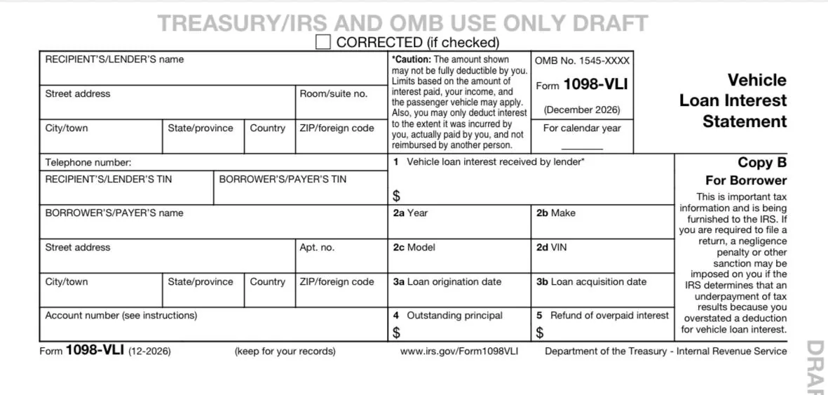 Close-up of a mock IRS vehicle loan interest tax form with partially readable text