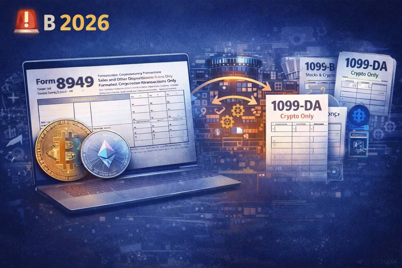 Laptop with Bitcoin and Ethereum coins next to US crypto tax forms 8949 and 1099-DA