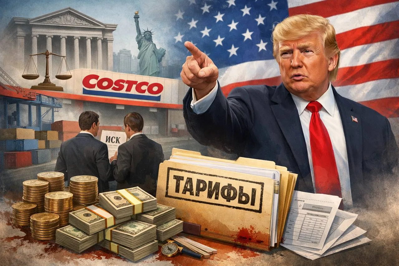 US-themed political and business collage with American flags, Statue of Liberty, Costco sign and legal scales