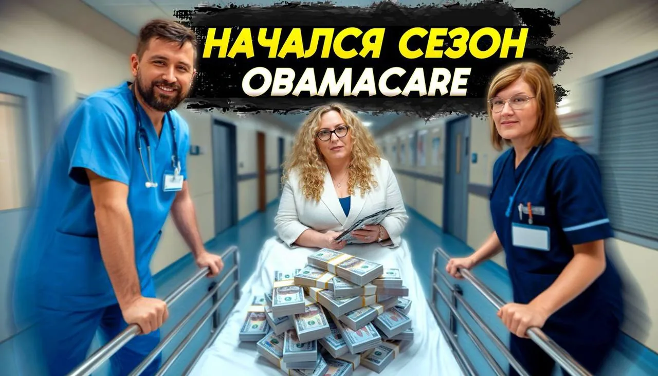 Medical staff in a hospital corridor with stacks of cash on a stretcher