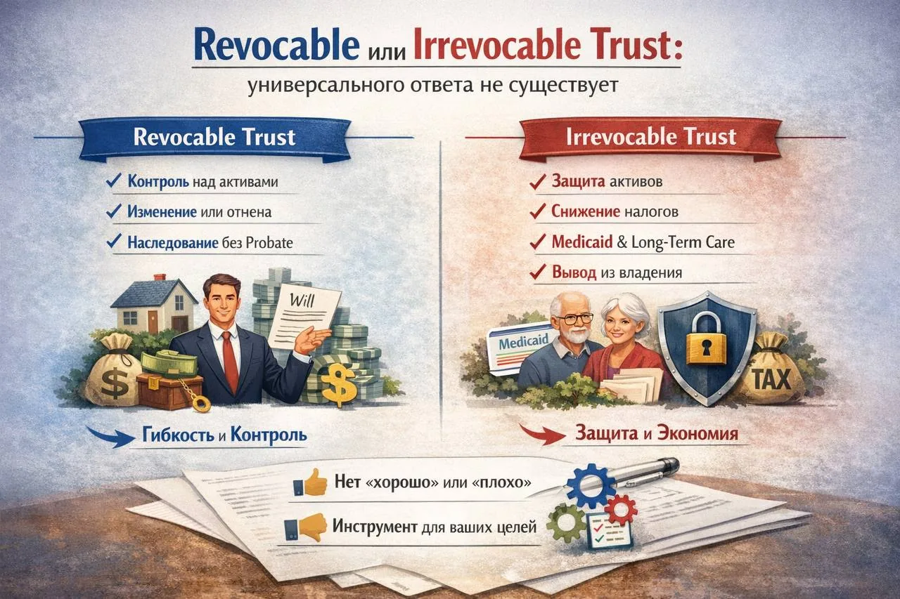 Document with notes comparing revocable and irrevocable trusts related to asset protection and long-term care planning